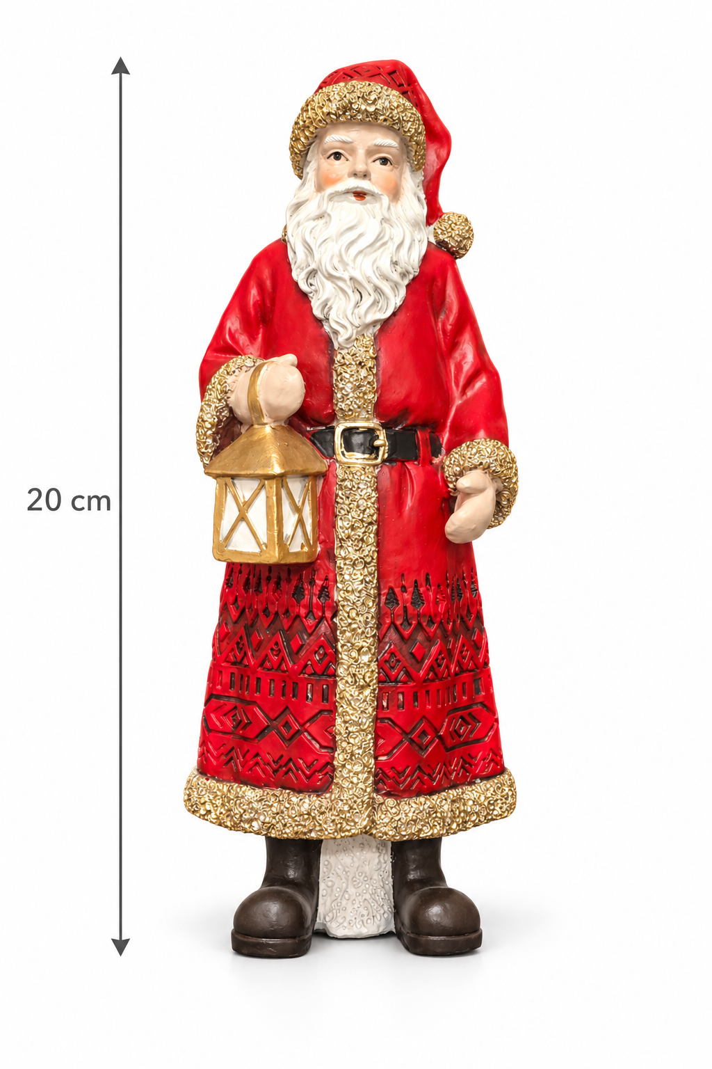 Traditional Santa figurine with white beard, red coat with gold trim and patterned hem, holding a gold lantern, on a plain white background with a 20cm height measurement