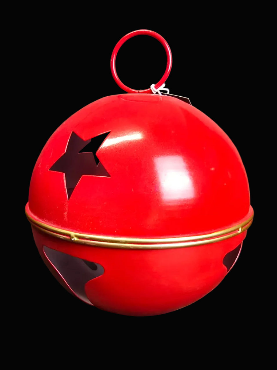 Large gloss red enamel metal bell decoration with cut-out star detail, gold equator band and red ring hanger on black background — 20cm diameter — Mistletoe Home