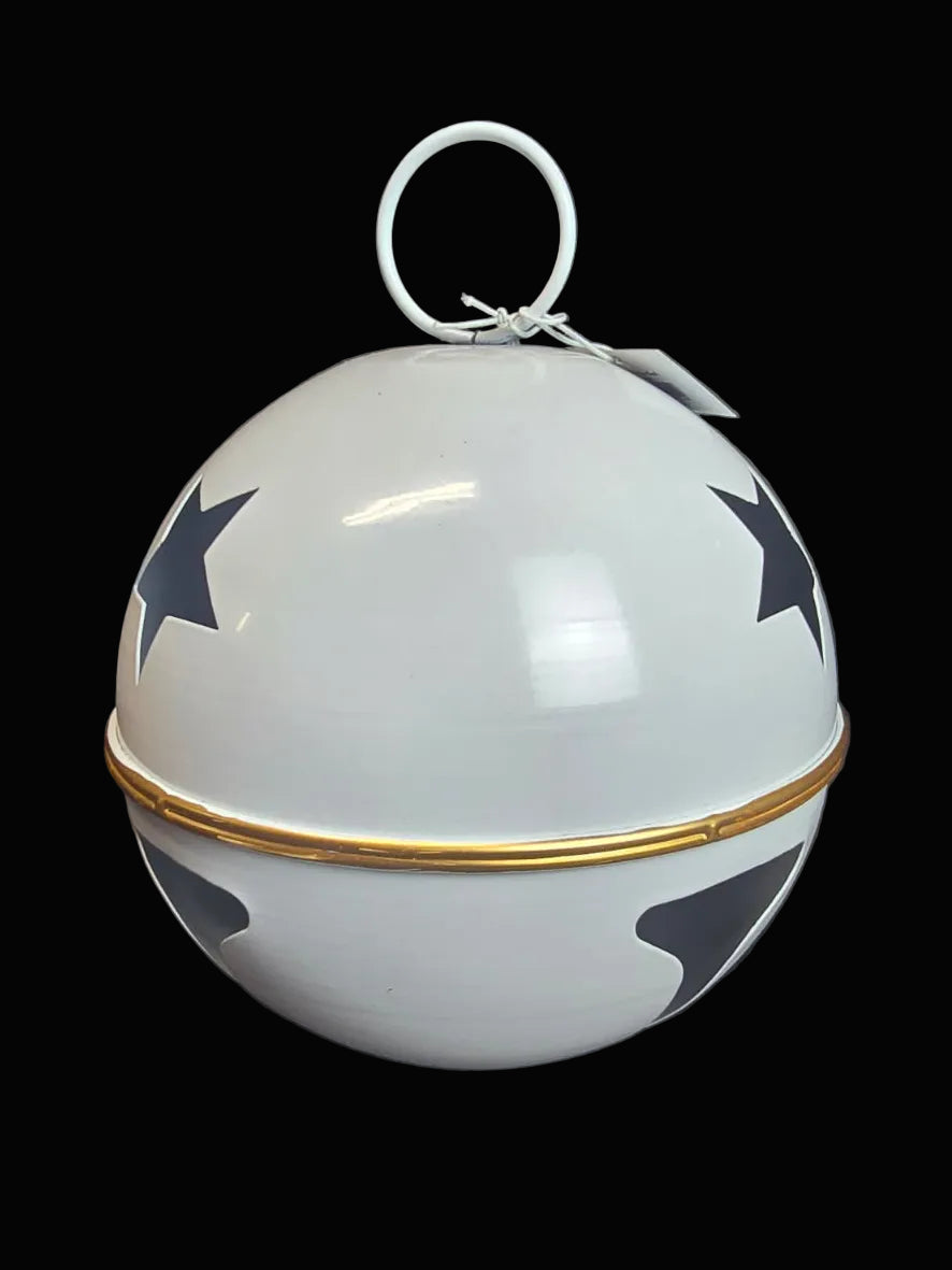 Large white enamel metal bell decoration with navy star print, gold equator band and white ring hanger on black background — 20cm diameter — Mistletoe Home