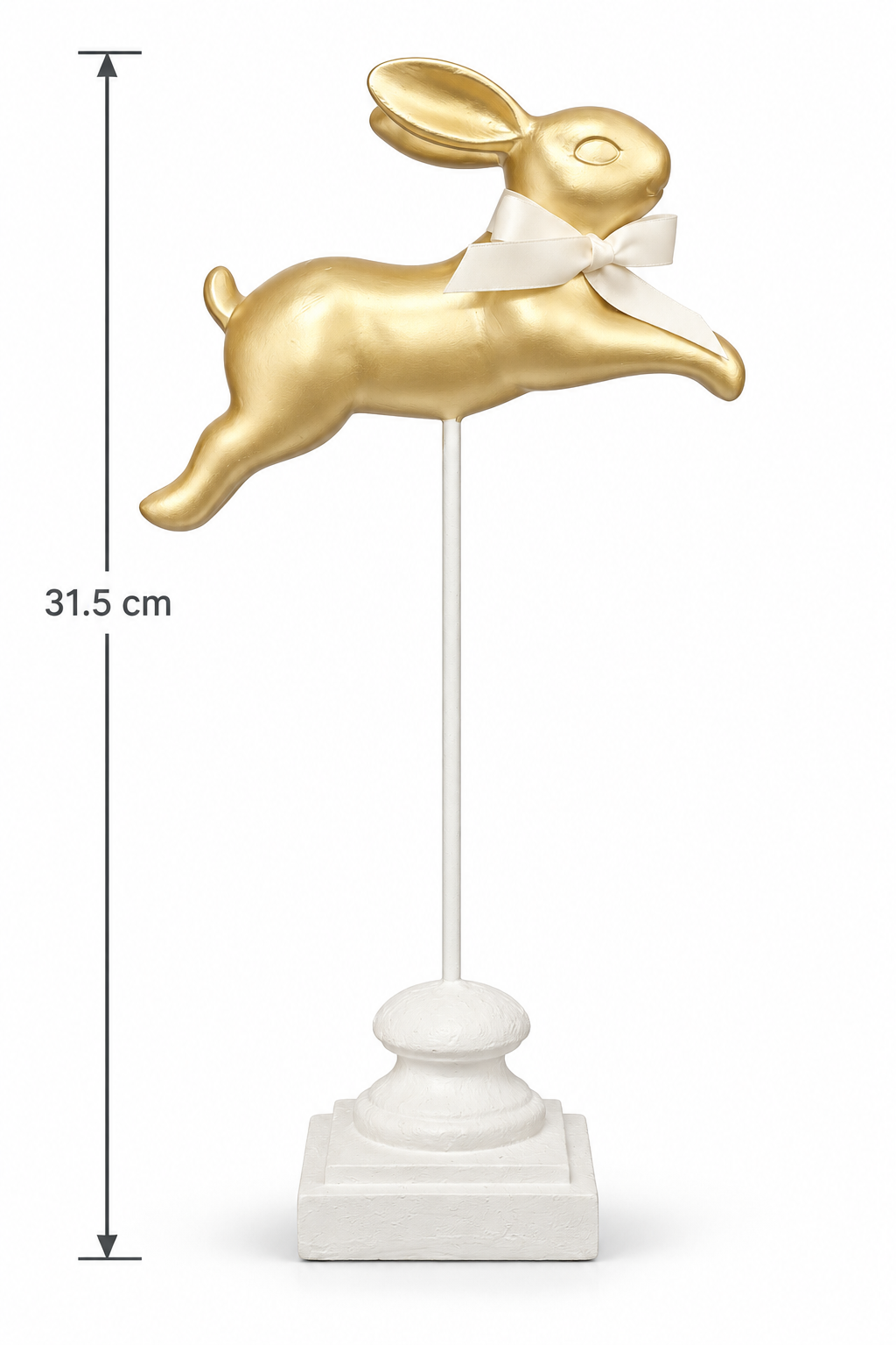 Gold leaping bunny with cream ribbon bow on a slim white stem and white base, shown on a plain white background with a 31.5cm height measurement