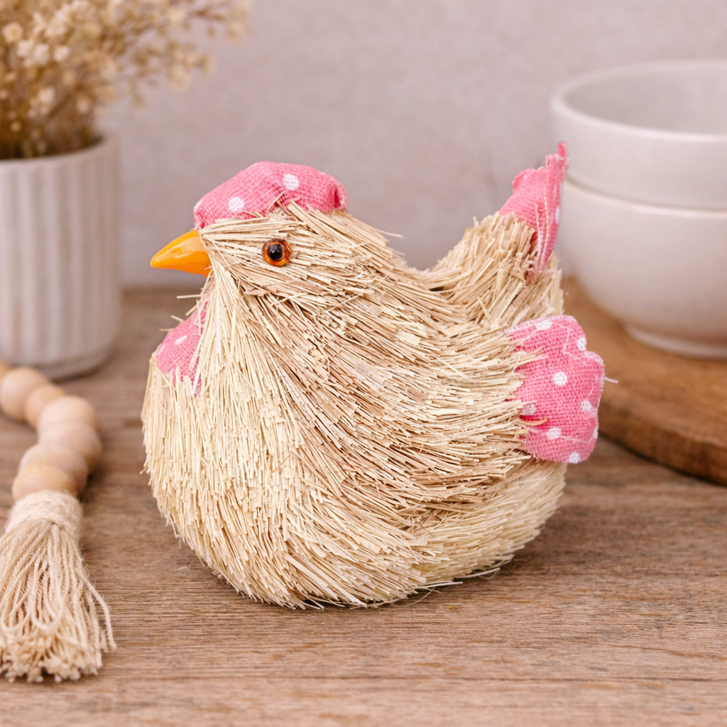 Pink polka dot straw chicken decoration with fabric cap and wings styled on a timber surface with a wooden bead garland and dried flowers in a white vase — Mistletoe Home