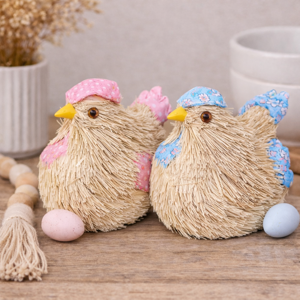 Pink and blue straw chicken decorations with floral and polka dot fabric caps and wings sitting side by side on a timber surface with pastel Easter eggs and a wooden bead garland — Mistletoe Home