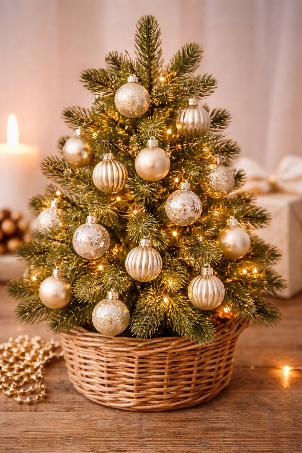 Small Christmas tree decorated with mixed champagne and gold matte, gloss, glitter and ribbed baubles in a wicker basket with warm fairy lights, a pillar candle and a wrapped gift — Mistletoe Home