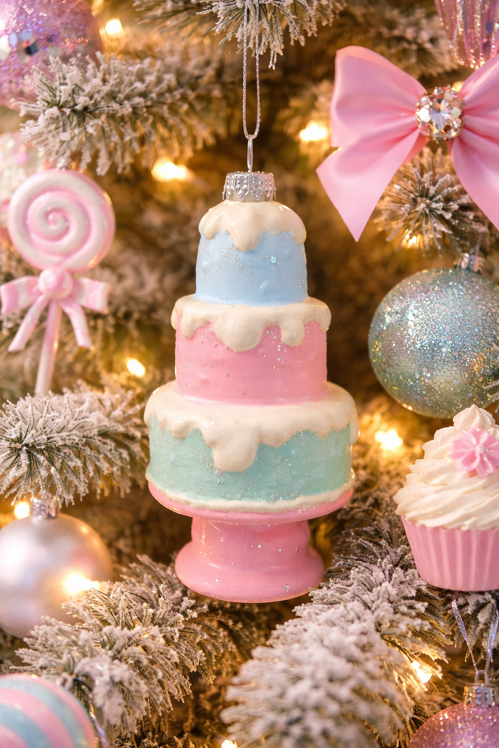 Pink & Blue Cake Hanging Ornament – Whimsical Christmas Tree Decoration