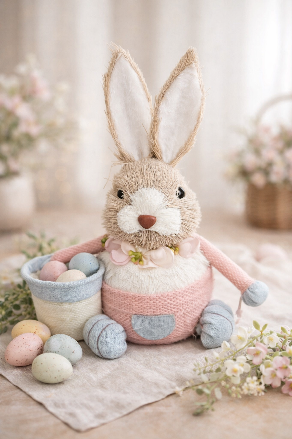 Sitting Easter Rabbit with Basket – Decorative Bunny Shelf Décor