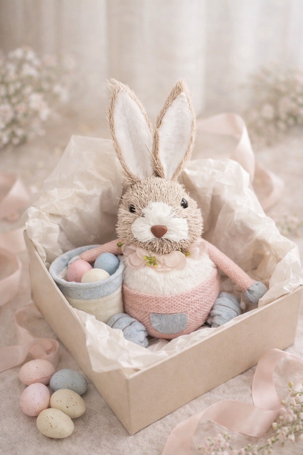Sitting Easter Rabbit with Basket – Decorative Bunny Shelf Décor