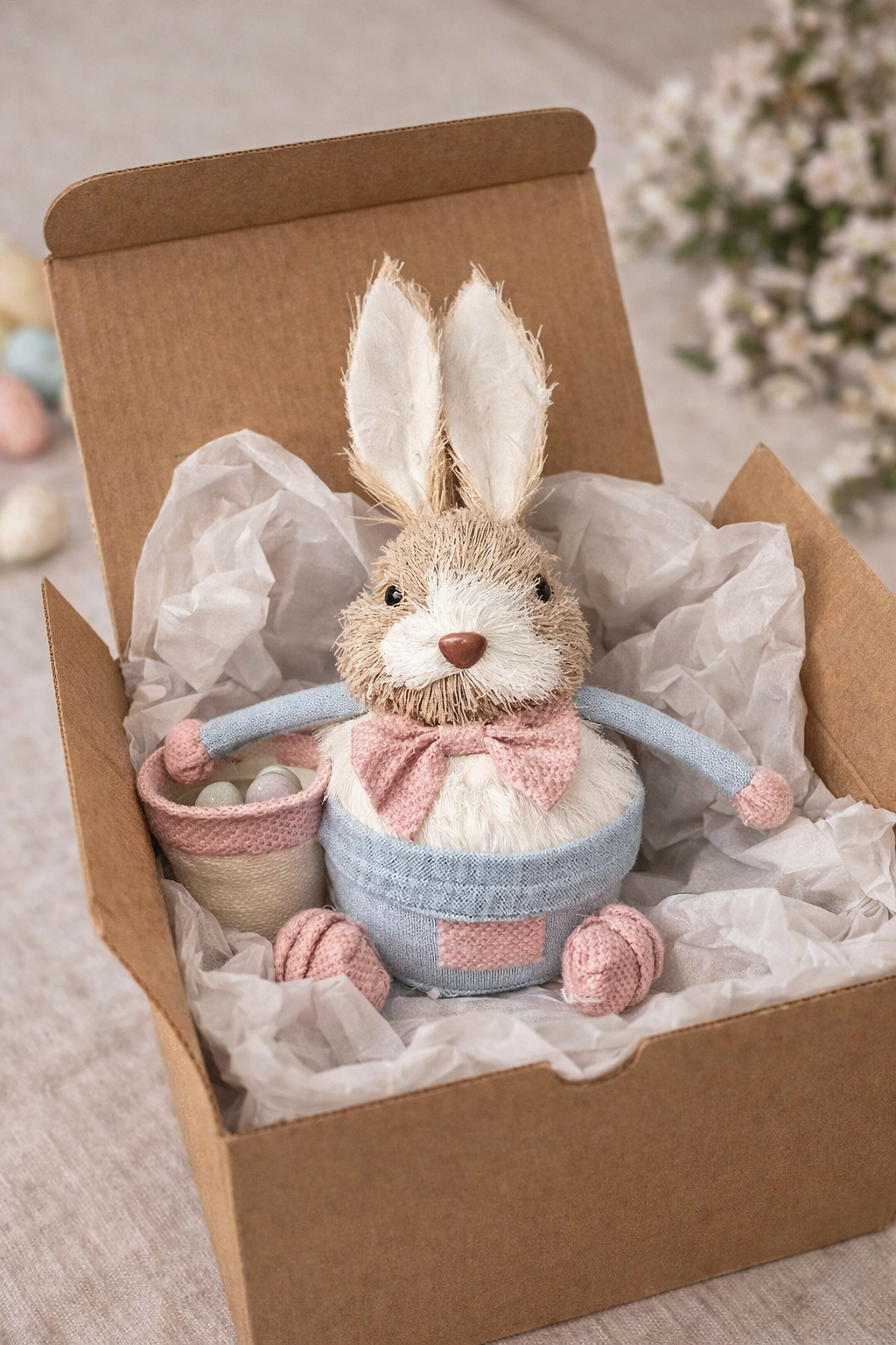🐰 Decorative Sitting Bunny with Basket – Easter Table & Shelf Decor