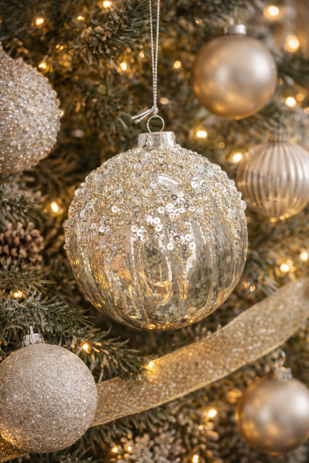 🎄 Silver Pearl Encrusted Ball Ornament – Elegant Christmas Tree Decor