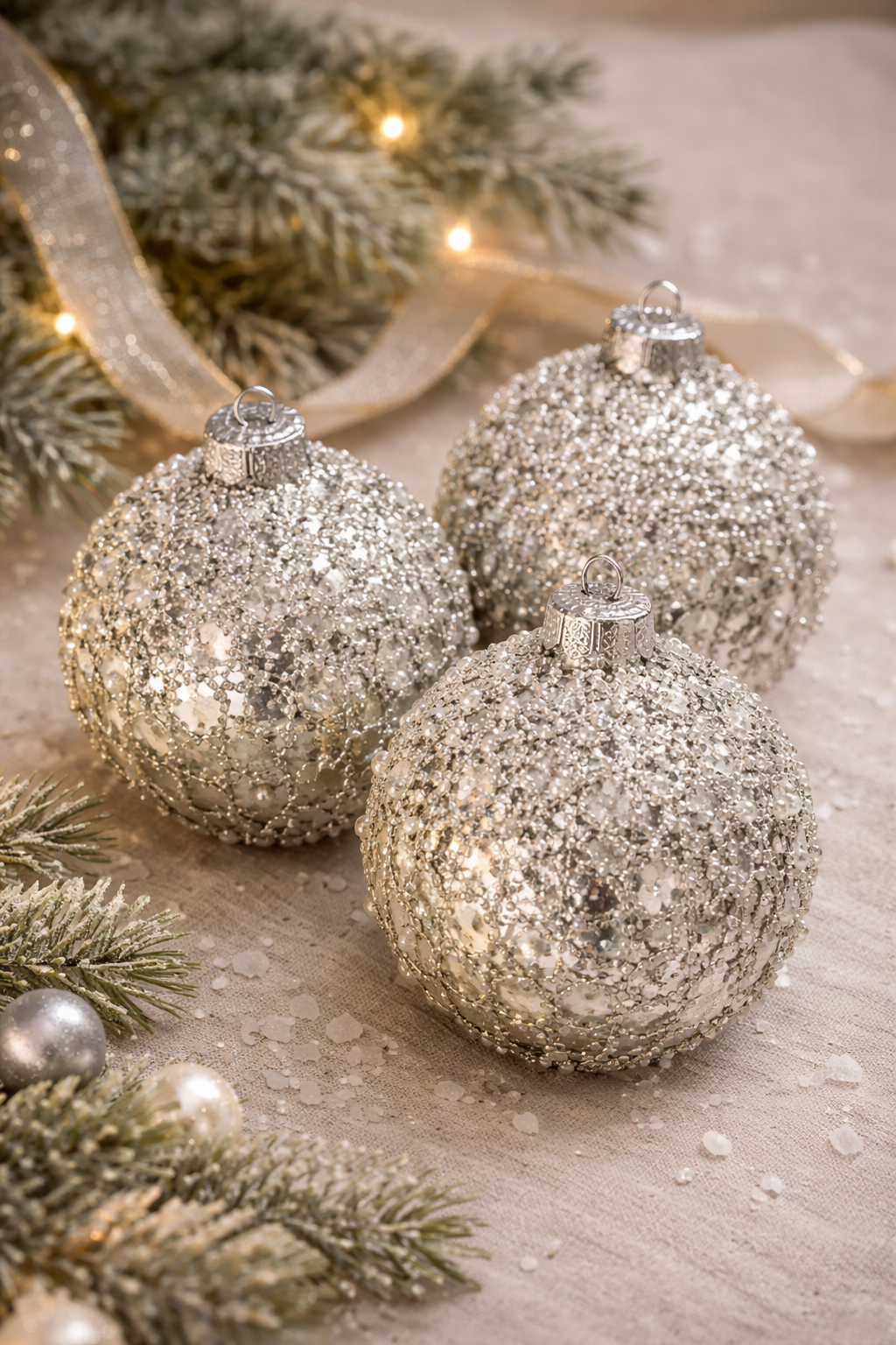 🎄 Silver Mercury Beaded Ball Ornament – Vintage Style Christmas Tree Decor