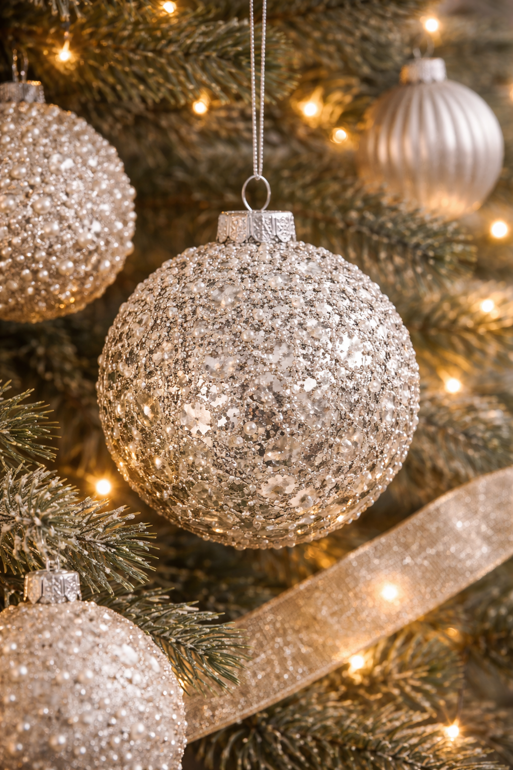🎄 Silver Mercury Beaded Ball Ornament – Vintage Style Christmas Tree Decor