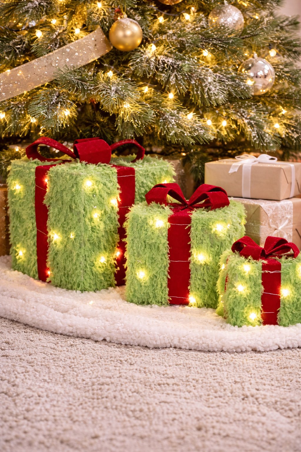 🎁 Set of 3 Fluffy Grinch Gift Boxes – Statement Christmas Tree Decor