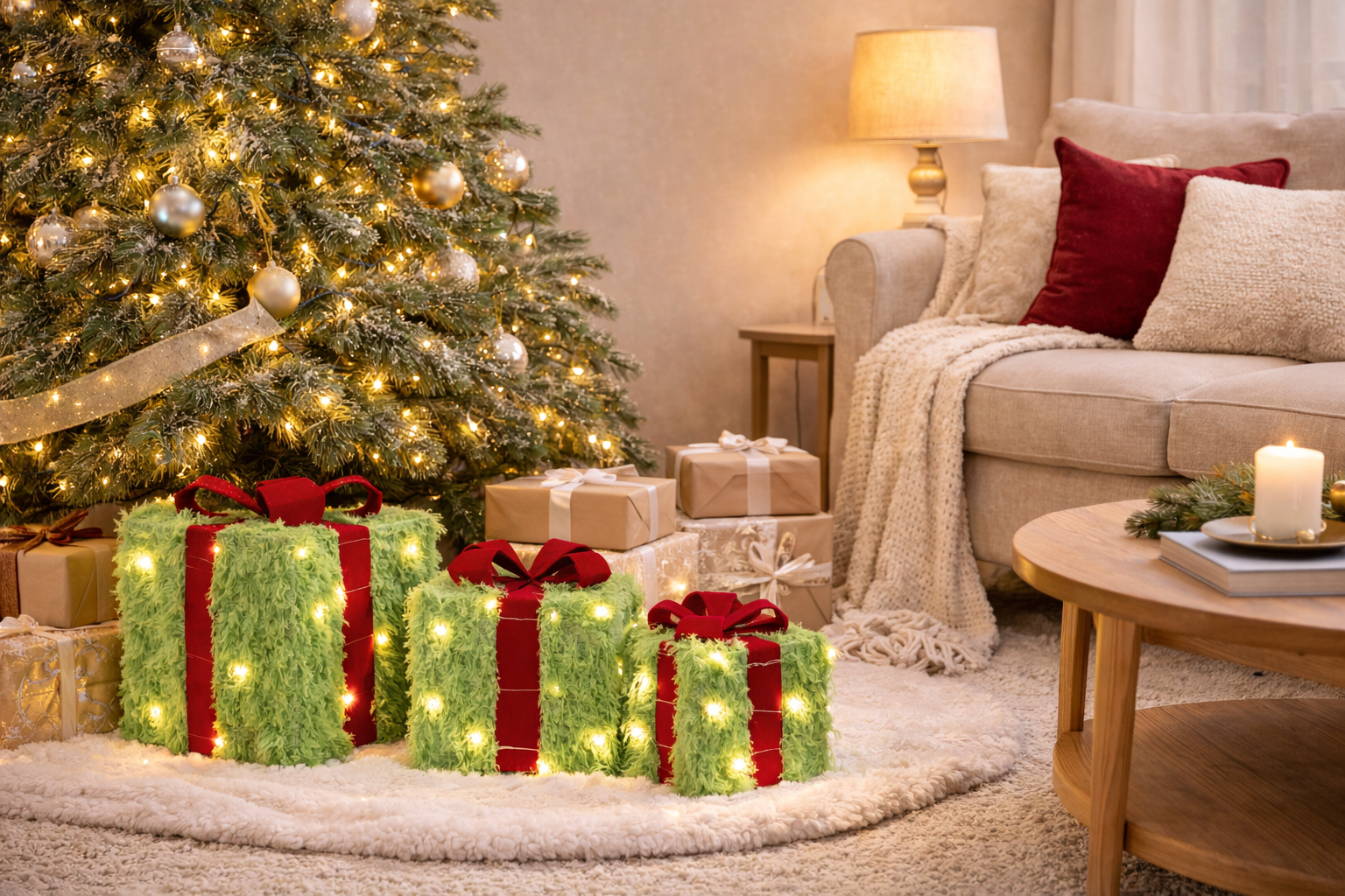 🎁 Set of 3 Fluffy Grinch Gift Boxes – Statement Christmas Tree Decor