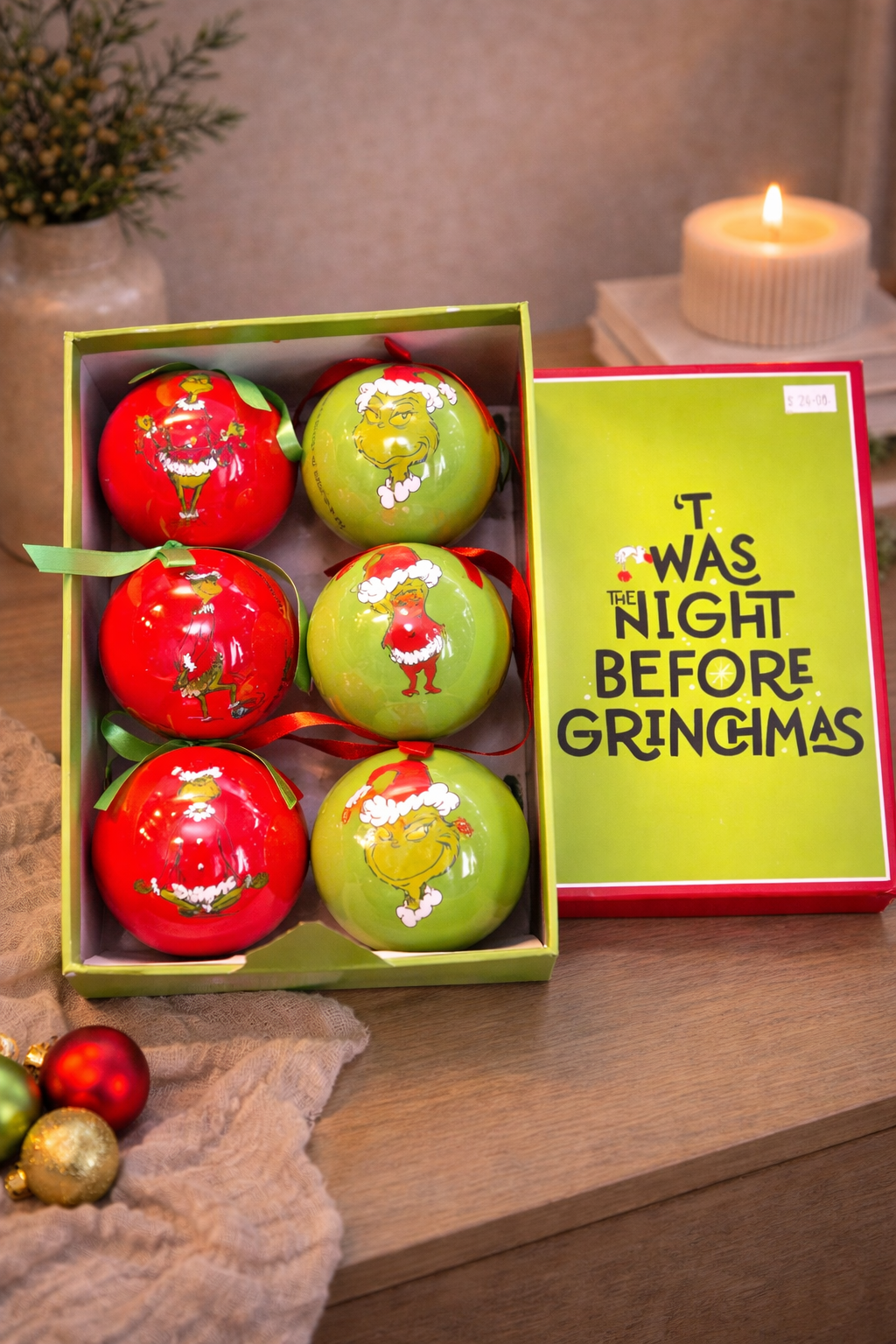 Grinch Baubles Set (6 Pack) – Playful Red & Green Christmas Tree Decorations