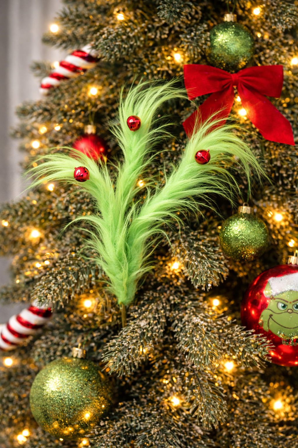 Furry Green Christmas Pick with Bells – Playful Tree Styling Accent