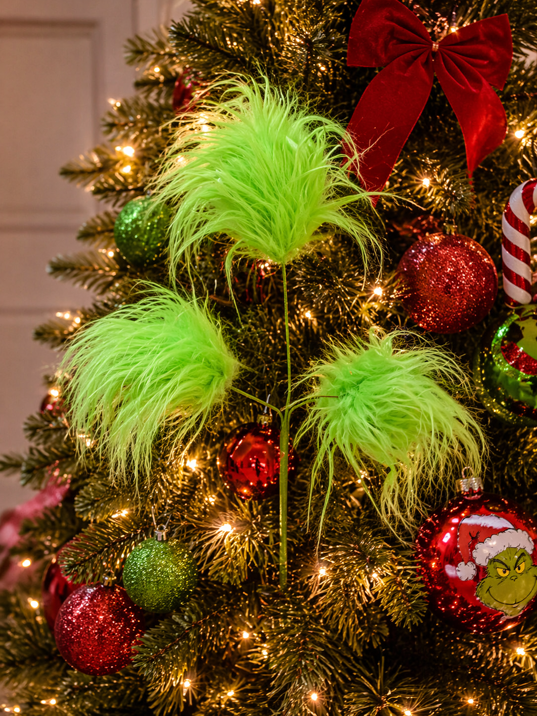 Furry Green Christmas Pick with Bells – Whimsical Tree Styling Piece
