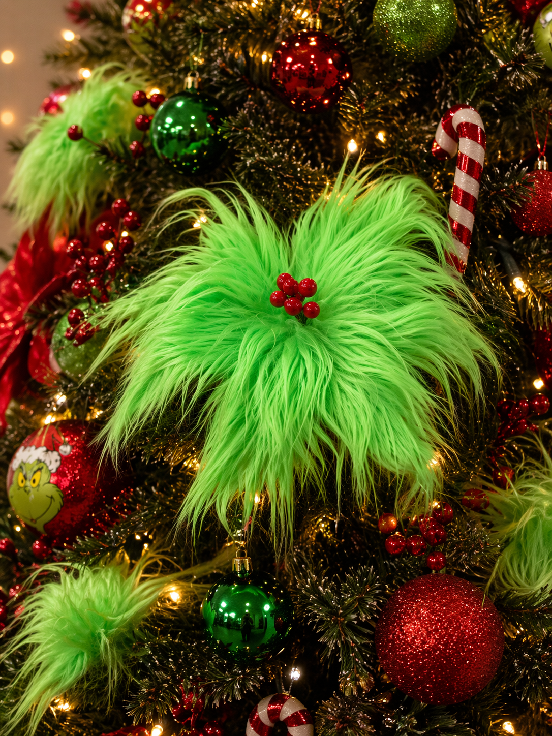 Grinch-Inspired Furry Flower Pick – Feature Tree Decoration