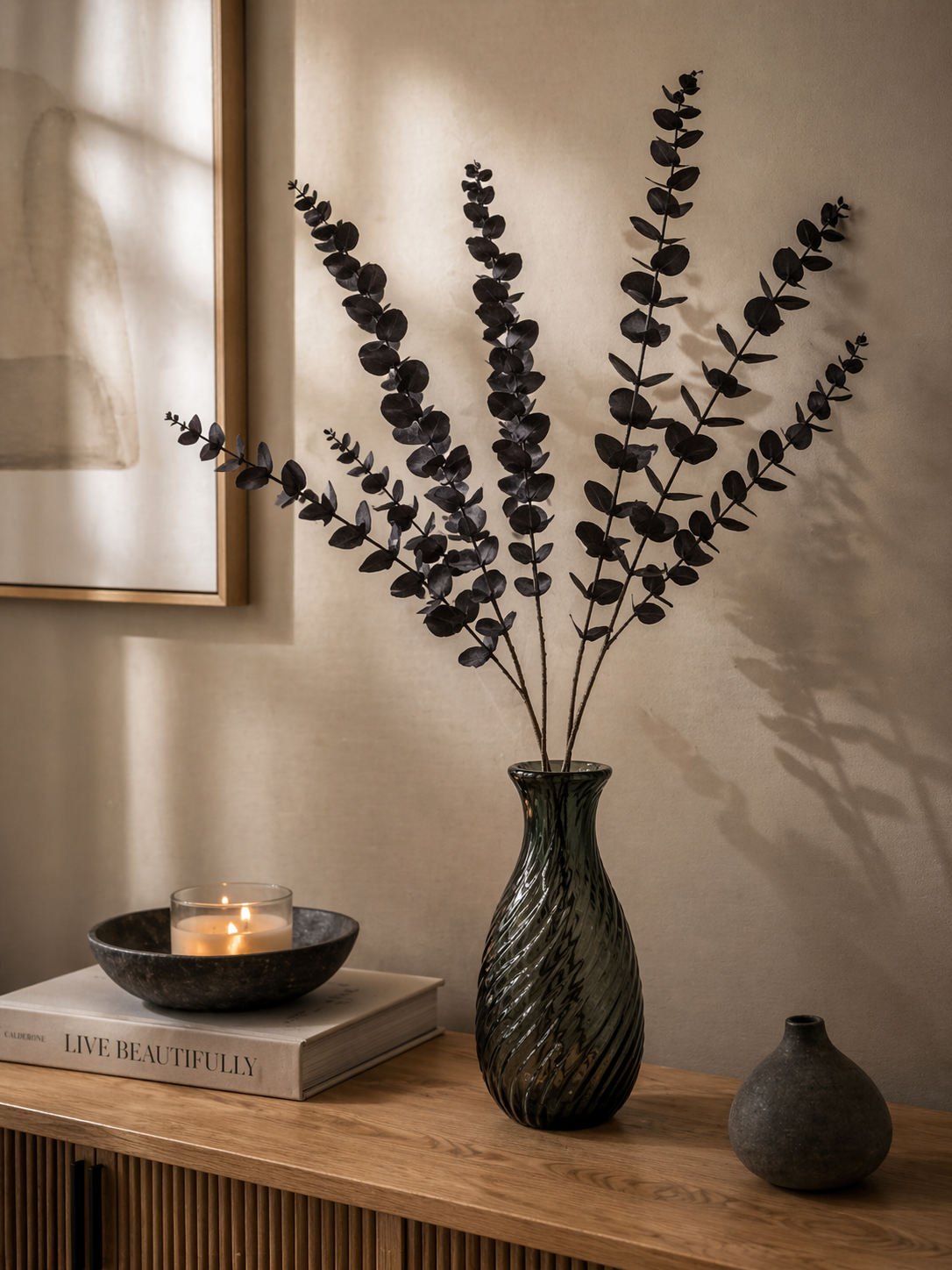 Black Eucalyptus Spray – Sculptural Faux Stem for Modern Styling