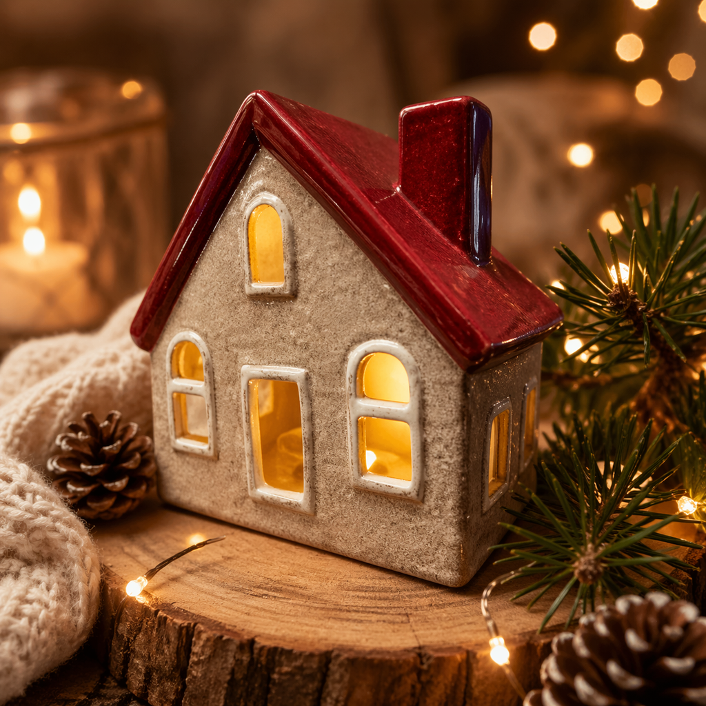 Beige Ceramic LED House | Decorative Light for Shelf Styling