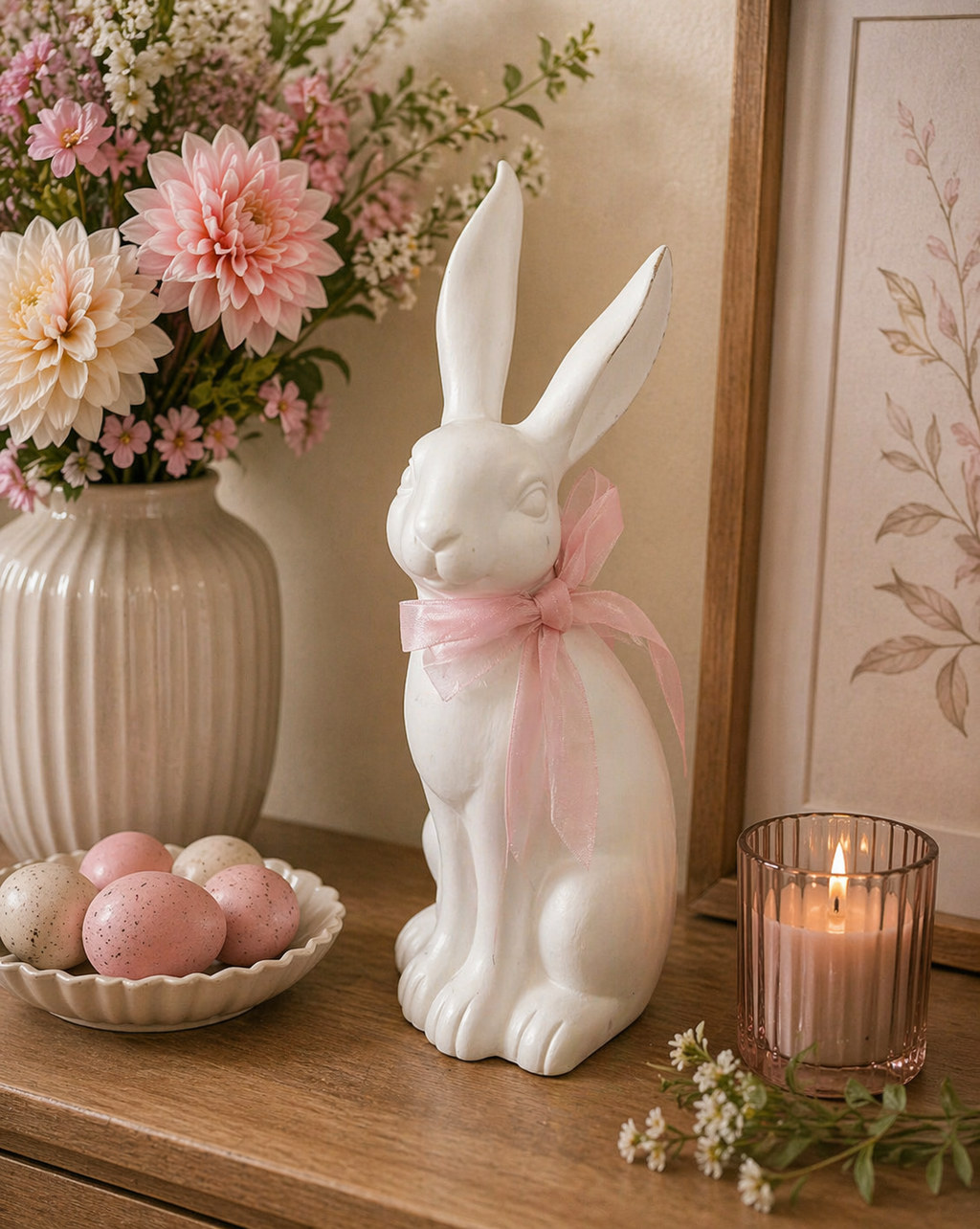 Blush Bunny with Pink Bow – Elegant Easter Décor