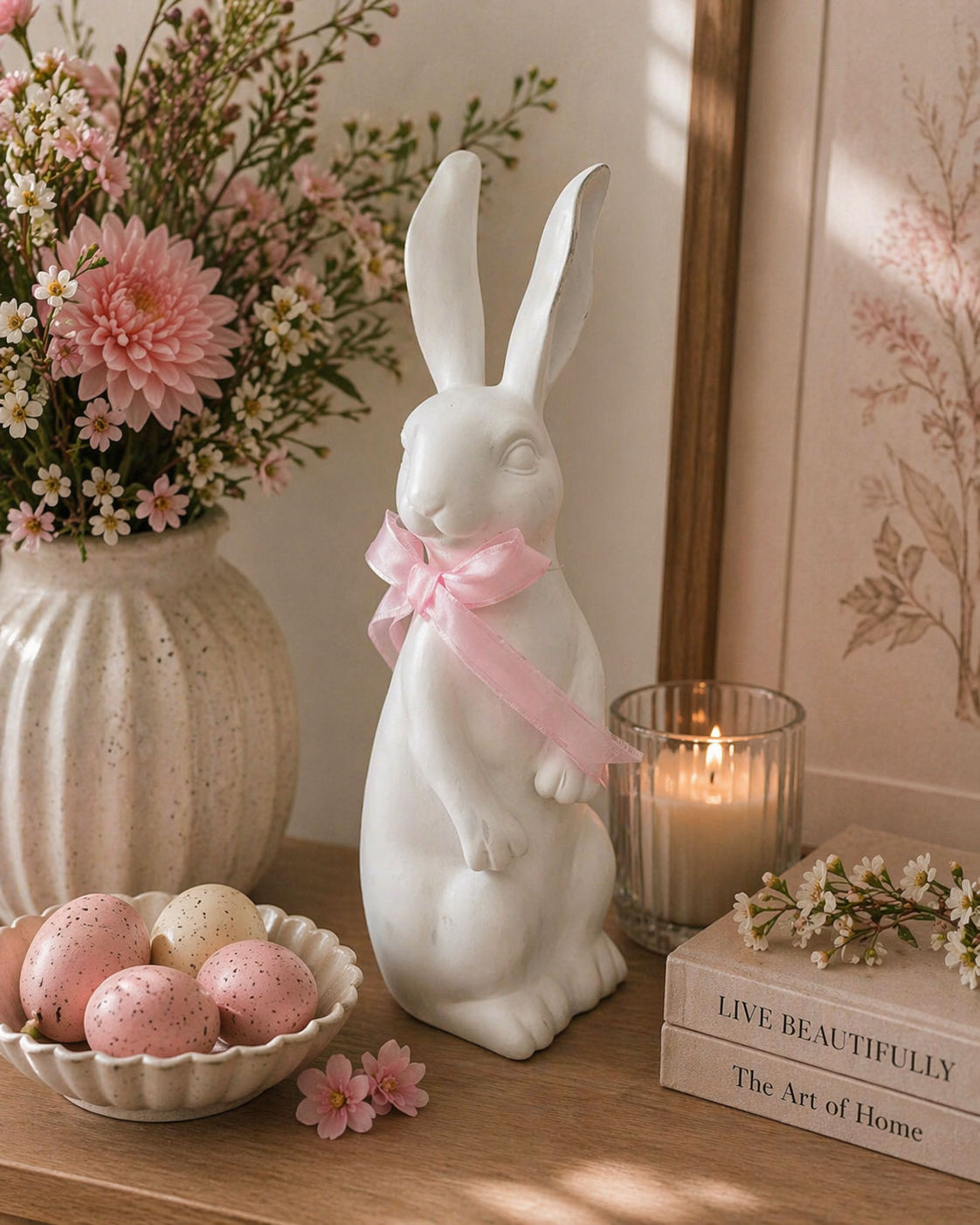 Blush Bunny with Pink Bow – Elegant Easter Décor