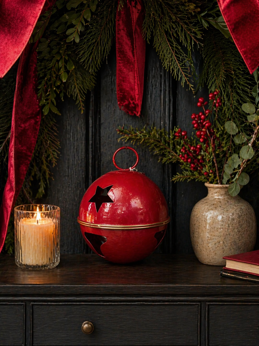 Large red enamel star bell decoration sitting on a dark timber sideboard styled with a lit ribbed glass candle, stoneware vase with red berry stems and pine garland with velvet ribbon — Mistletoe Home