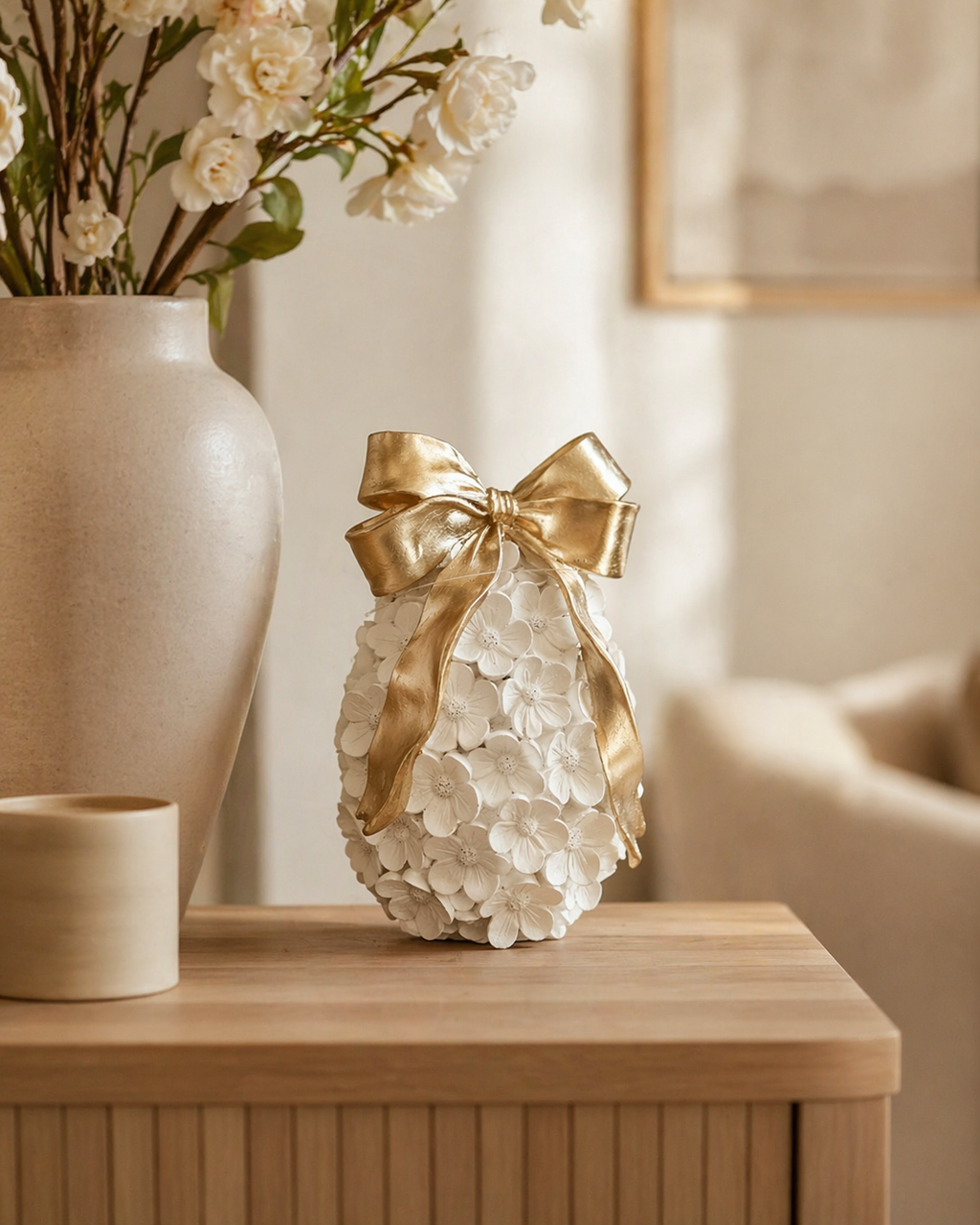 Luxe Ivory Easter Egg with Champagne Bow – 18cm Statement Décor