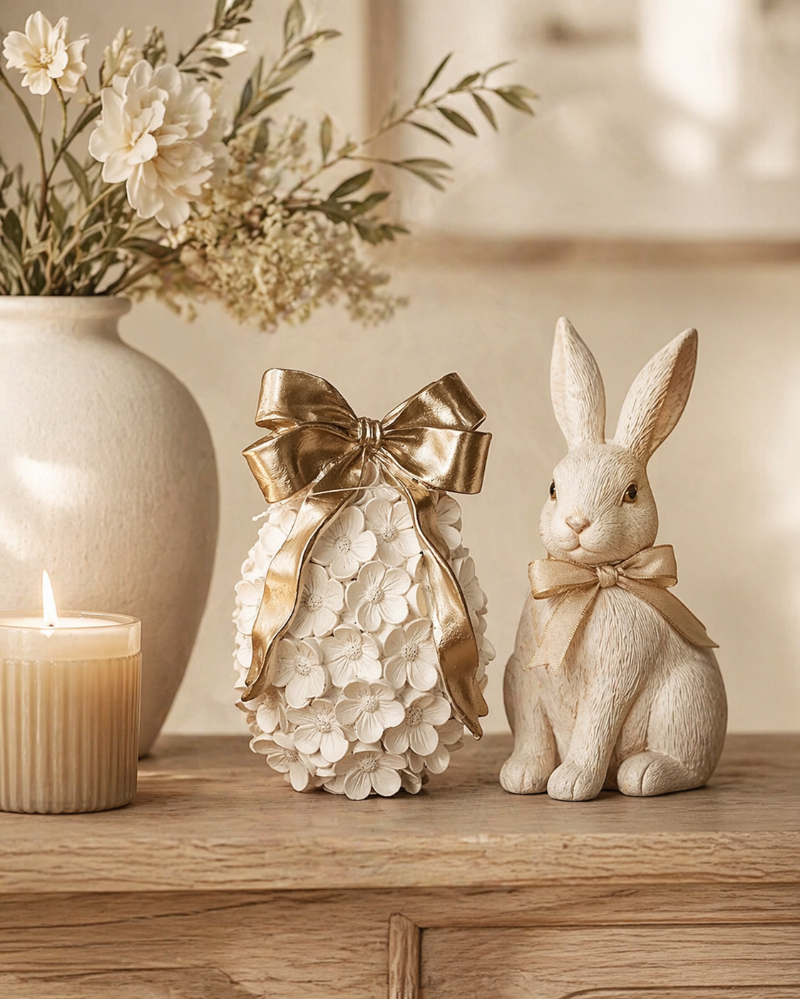 Luxe Ivory Easter Egg with Champagne Bow – 18cm Statement Décor