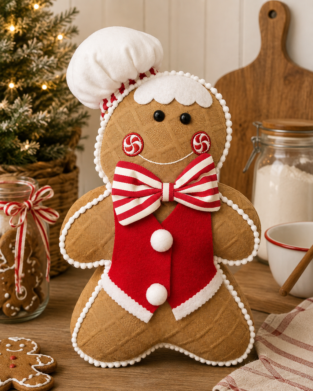 Gingerbread man chef plush decoration standing on a wooden bench beside a Christmas tree, jars of gingerbread cookies, and baking props