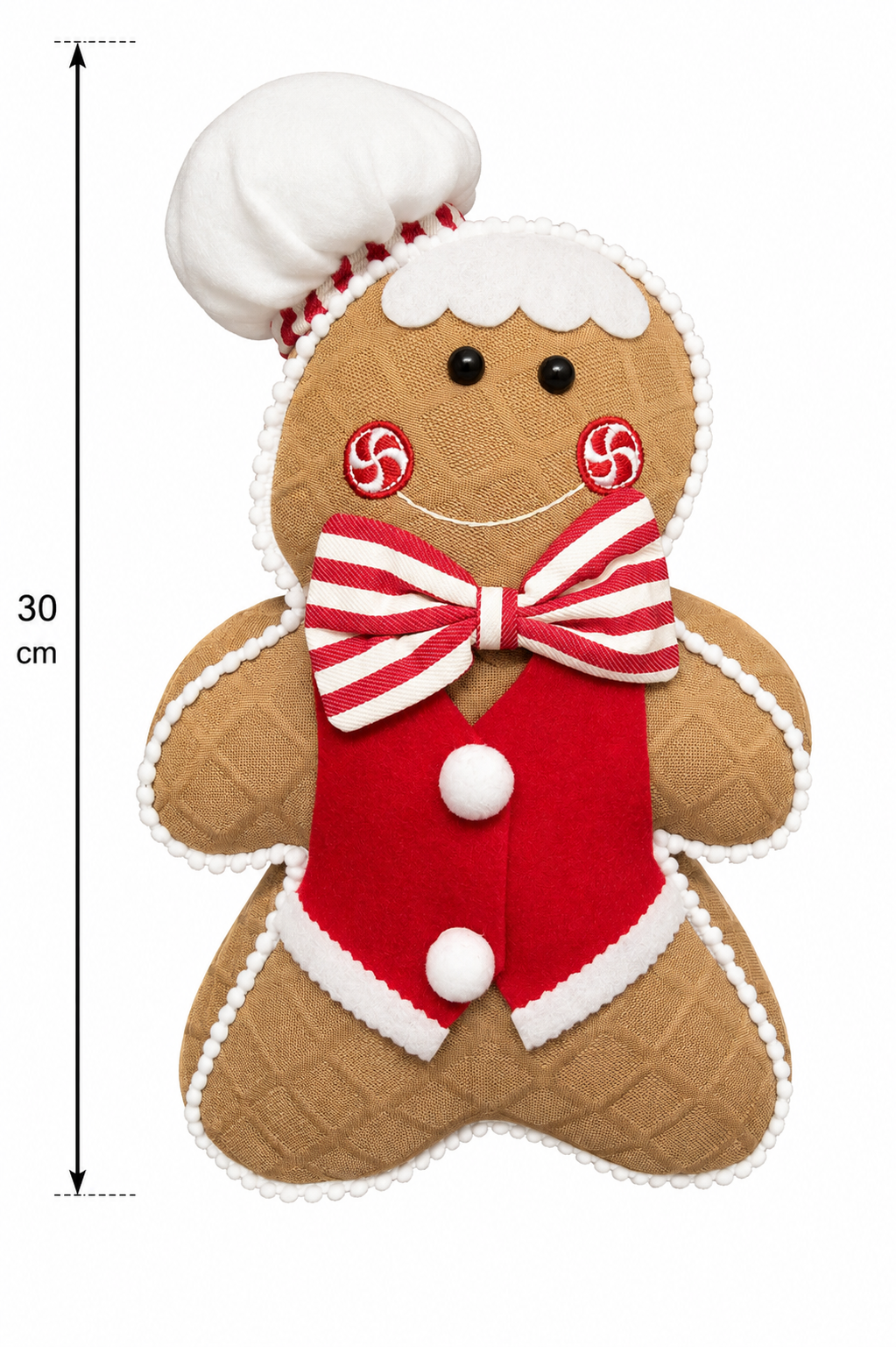Gingerbread man chef plush decoration measuring 30cm tall, shown with dimension arrows against a white background