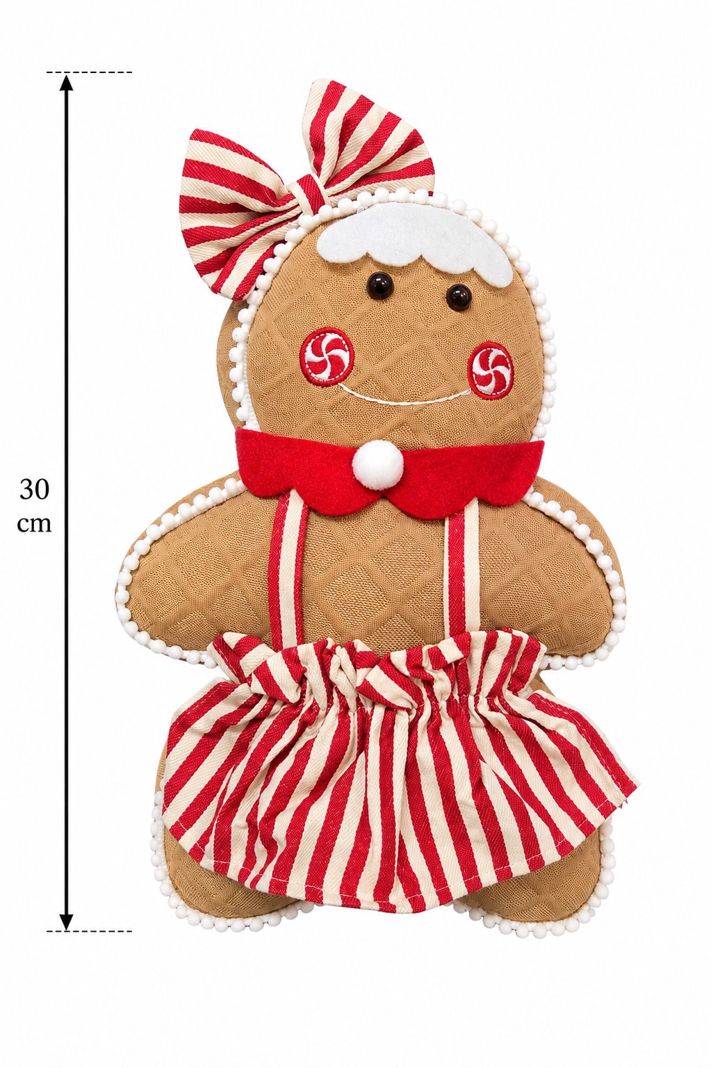 Gingerbread girl plush decoration measuring 30cm tall, shown with dimension arrows against a white background