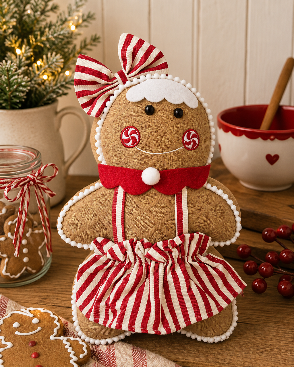 Gingerbread girl plush decoration standing on a wooden table beside a Christmas tree, jars of gingerbread cookies, and a red heart-print bowl