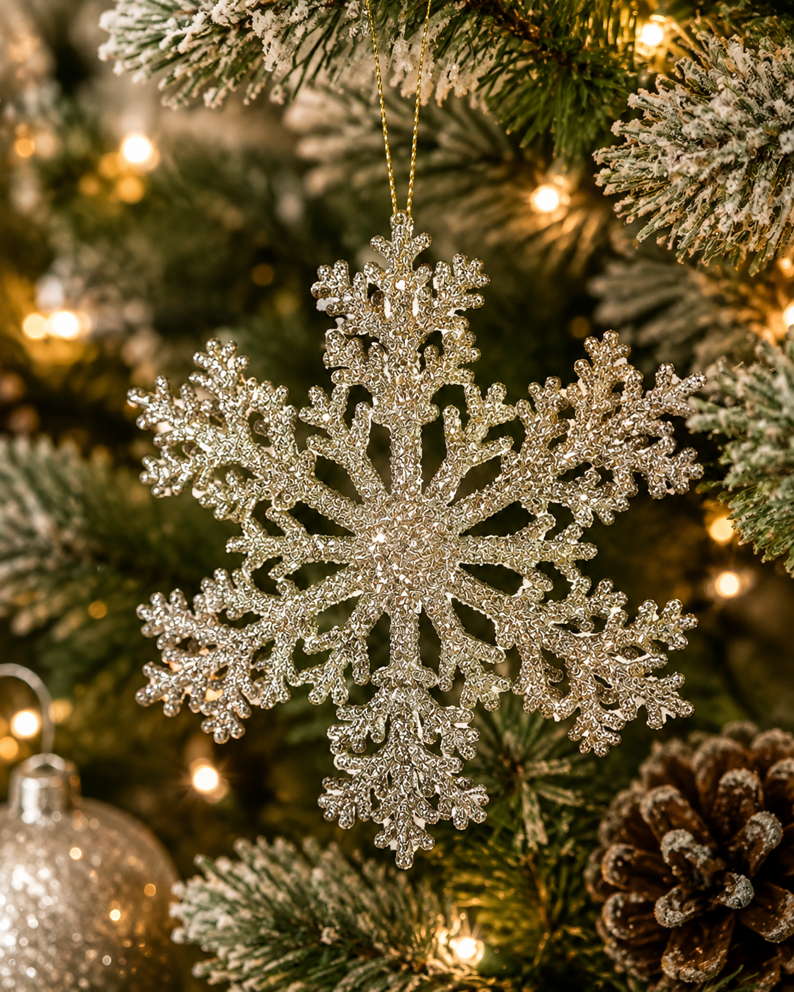 Champagne glitter snowflake ornament hanging on a flocked Christmas tree with fairy lights and a pinecone in the background