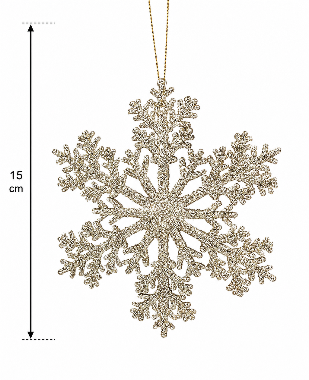 Champagne glitter snowflake ornament measuring 15cm, shown with dimension arrows against a white background