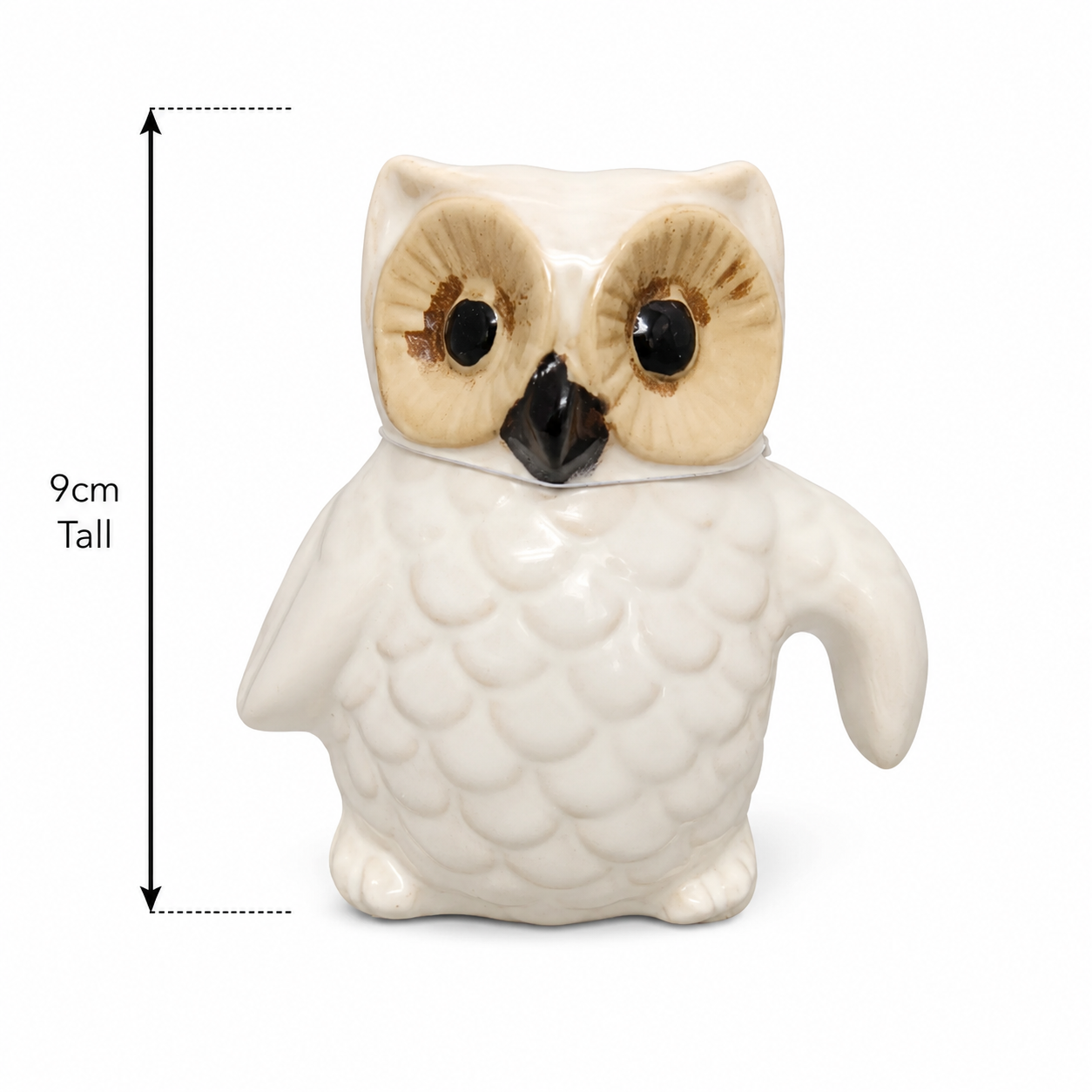 Ceramic owl pot hanger measuring 9cm tall, shown with dimension arrows against a white background