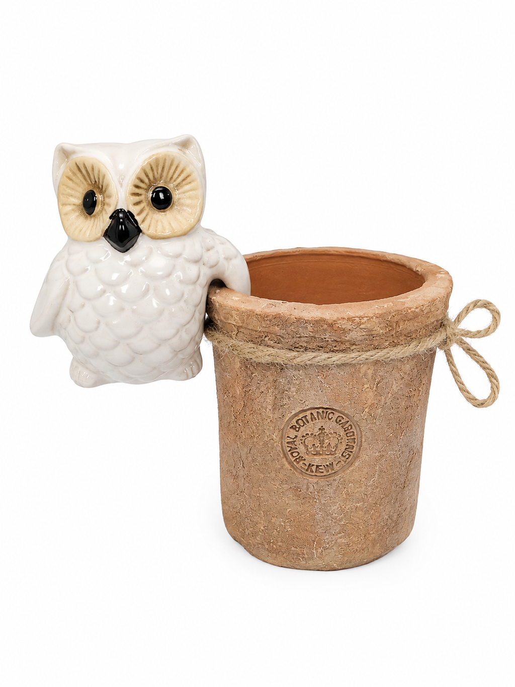 Ceramic owl pot hanger clipped onto the rim of a terracotta pot, shown on a plain white background