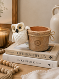 Ceramic owl pot hanger clipped onto a terracotta pot, styled on a stack of home decor books beside a candle and wooden bead garland