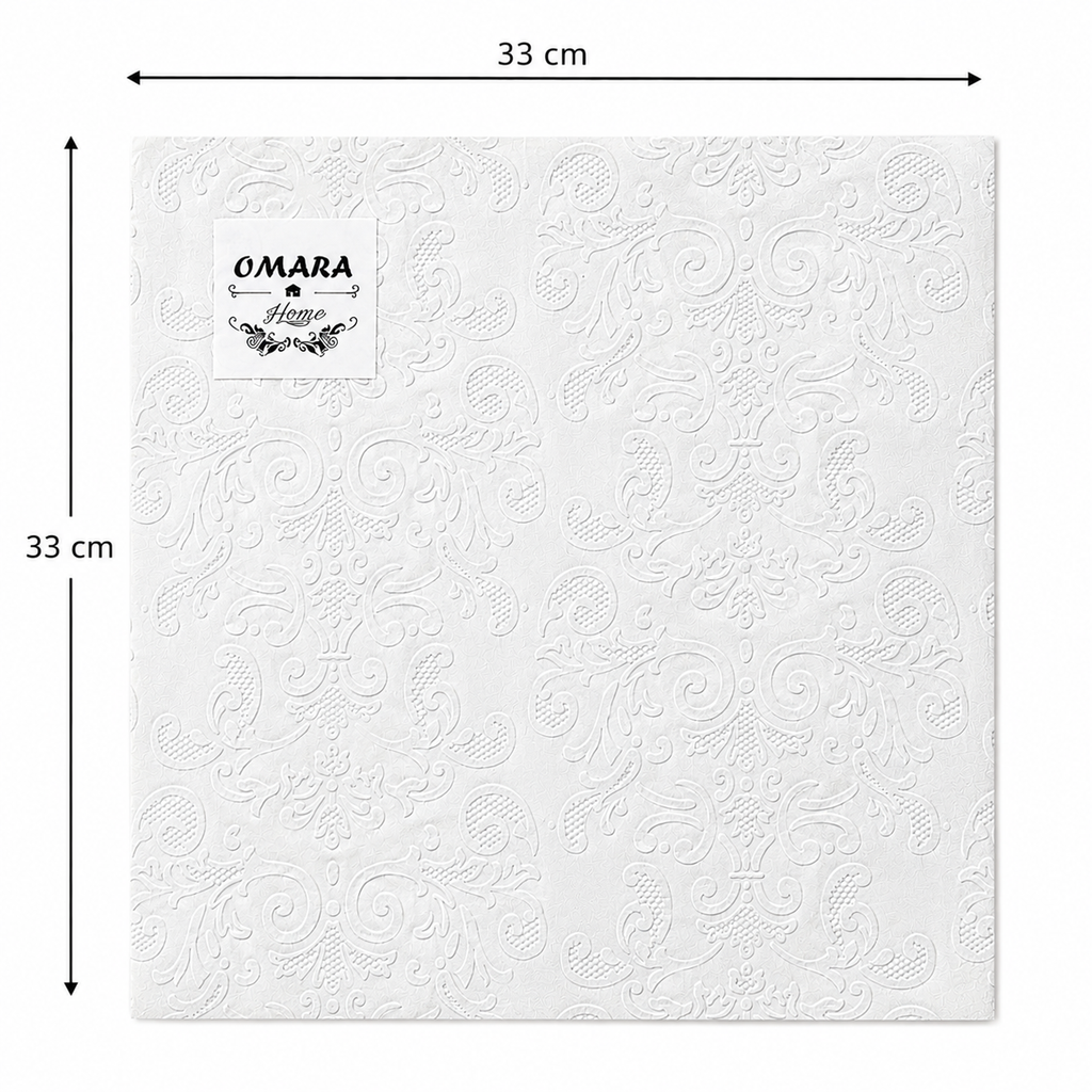 Single white embossed damask napkin unfolded flat on a plain background showing 33cm x 33cm size measurements