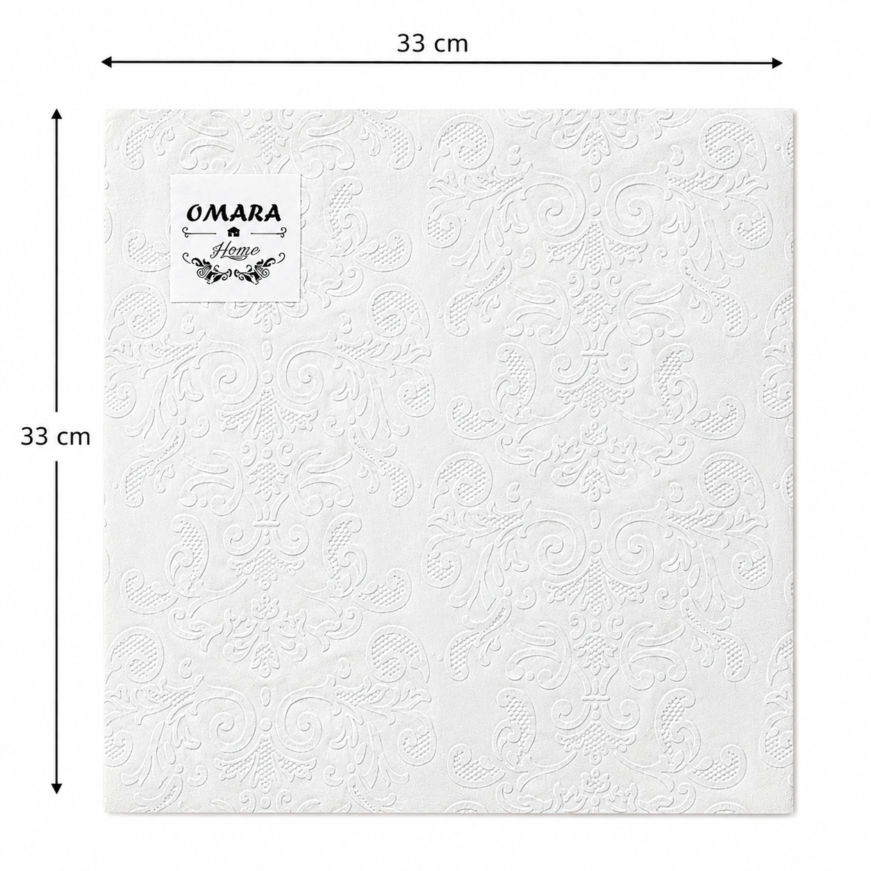 Single white embossed damask napkin unfolded flat on a plain background showing 33cm x 33cm size measurements