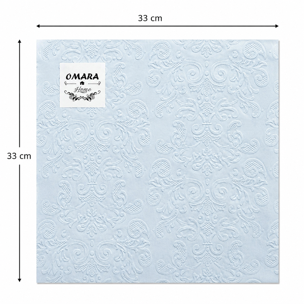 Single powder blue embossed damask napkin unfolded flat on a plain background showing 33cm x 33cm size measurements