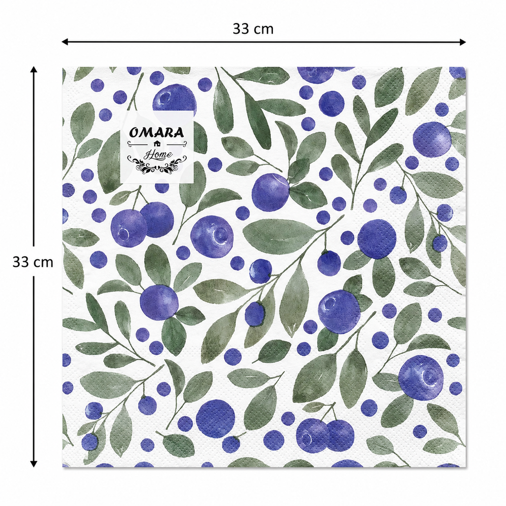Single watercolour blueberry print napkin unfolded flat on a plain background showing 33cm x 33cm size measurements