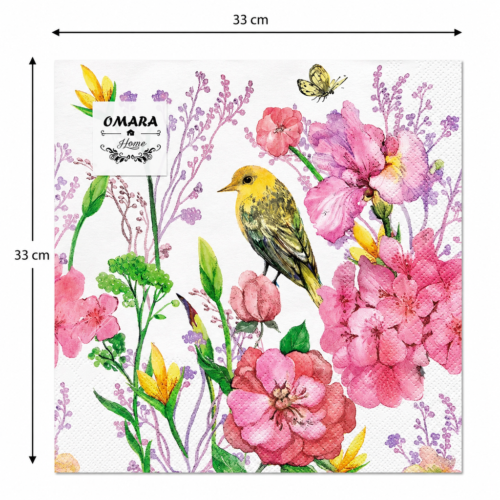 Single watercolour garden bird and floral napkin unfolded flat on a plain background showing 33cm x 33cm size measurements