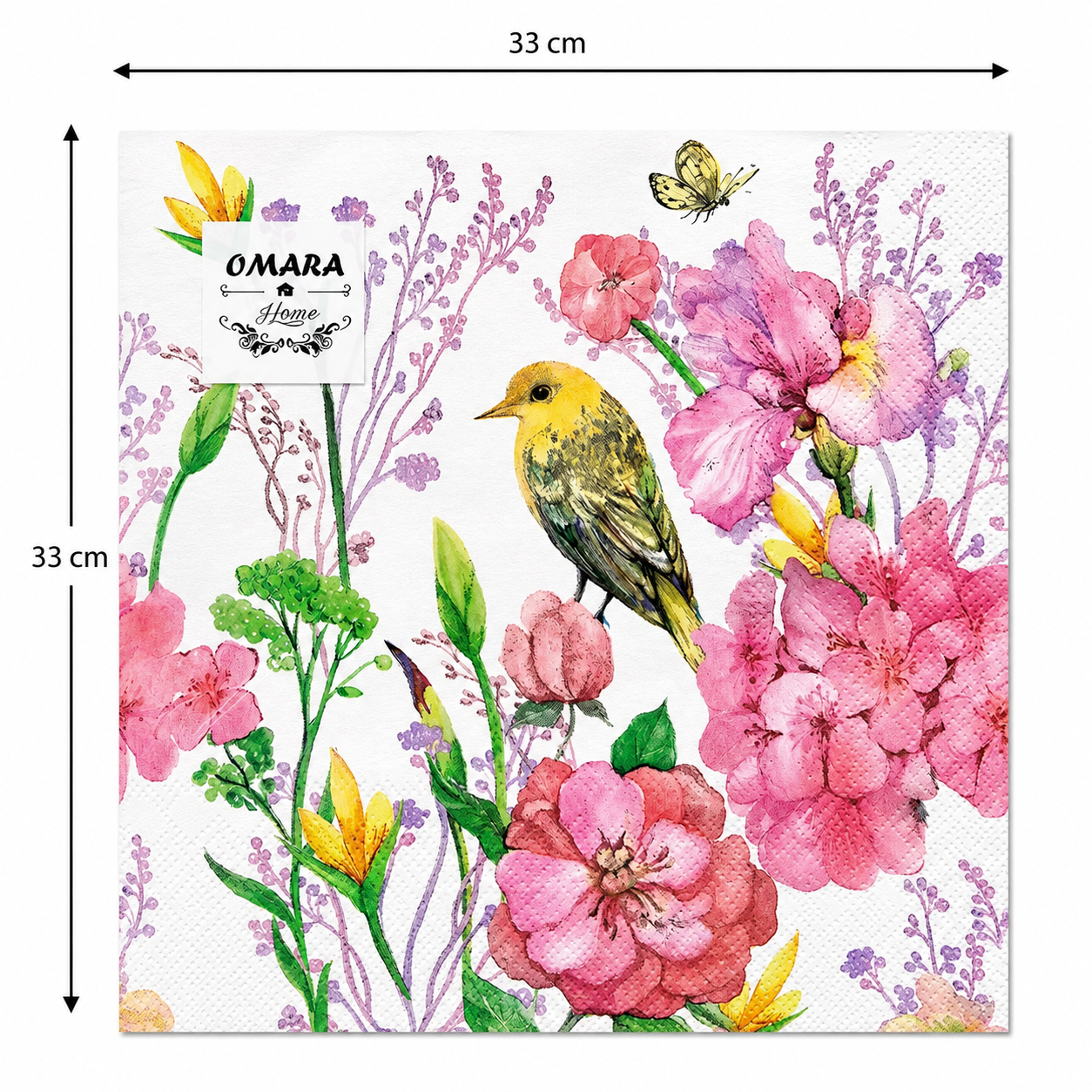 Single watercolour garden bird and floral napkin unfolded flat on a plain background showing 33cm x 33cm size measurements