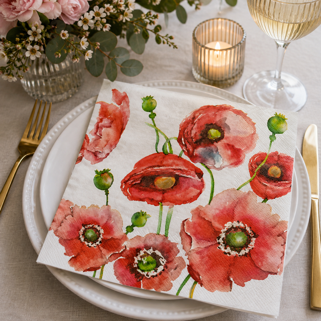 Watercolour red poppy napkin folded on a white plate with pink florals, candle and glass of white wine at a table setting
