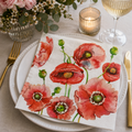 Watercolour red poppy napkin folded on a white plate with pink florals, candle and glass of white wine at a table setting