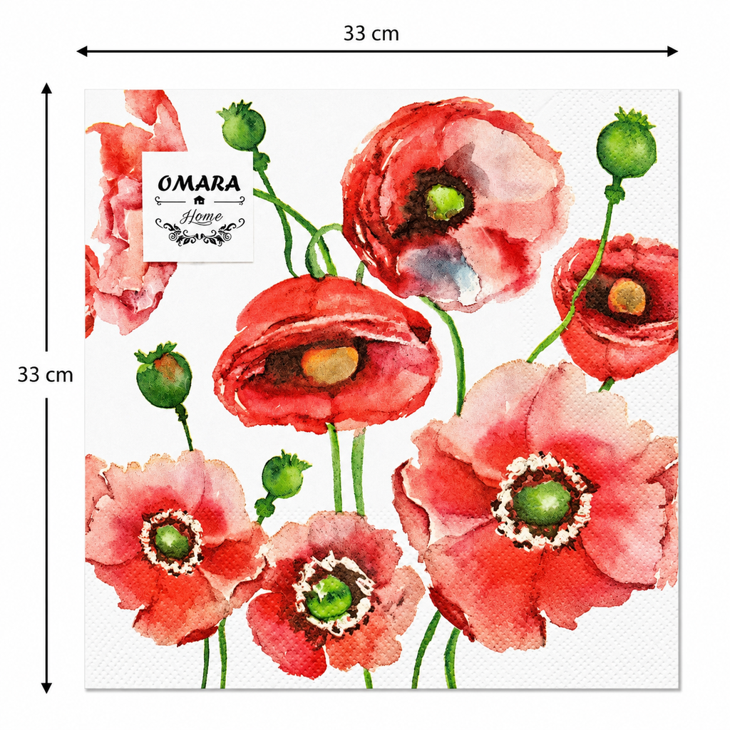 Single watercolour red poppy napkin unfolded flat on a plain background showing 33cm x 33cm size measurements