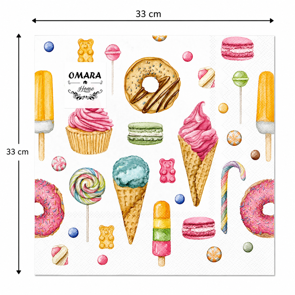Single sweet treats print napkin unfolded flat on a plain background showing 33cm x 33cm size measurements