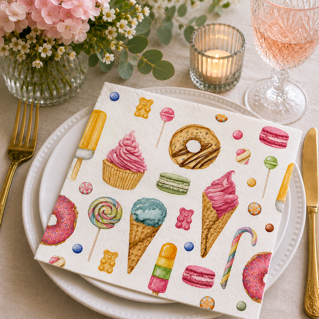 Sweet treats print napkin folded on a white plate with pink florals, candle and glass of rosé at a table setting