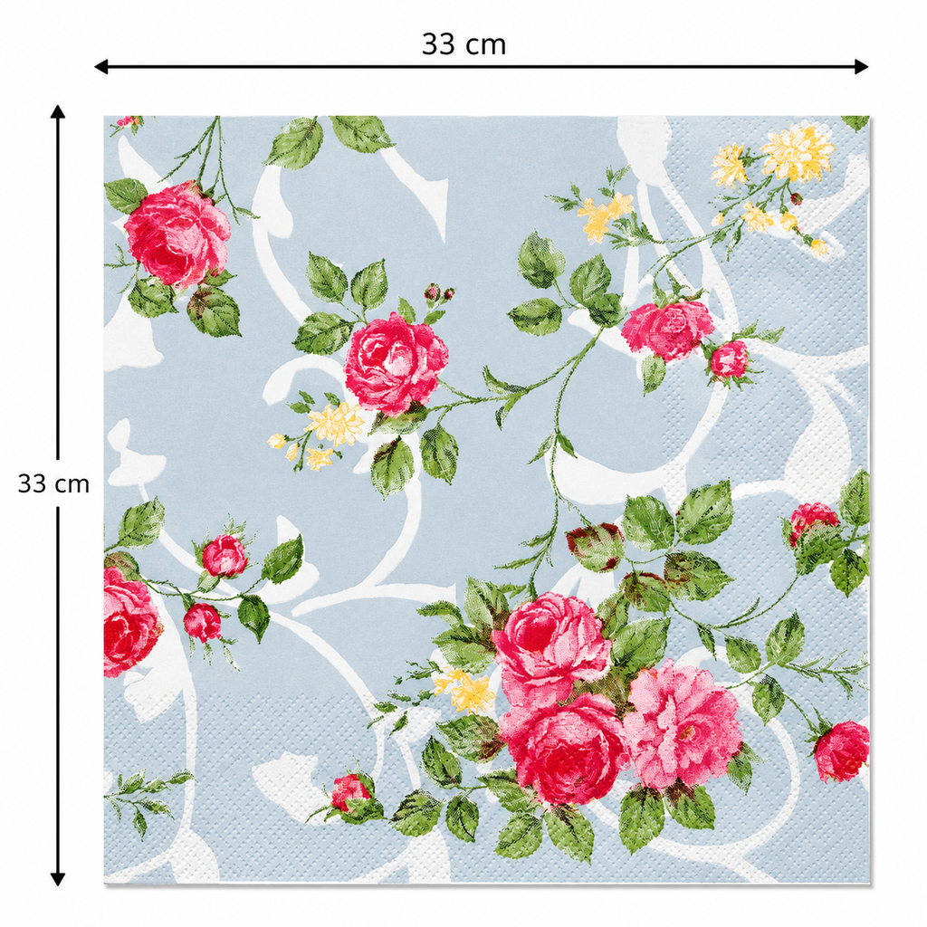 Single vintage blue rose trellis napkin unfolded flat on a plain background showing 33cm x 33cm size measurements