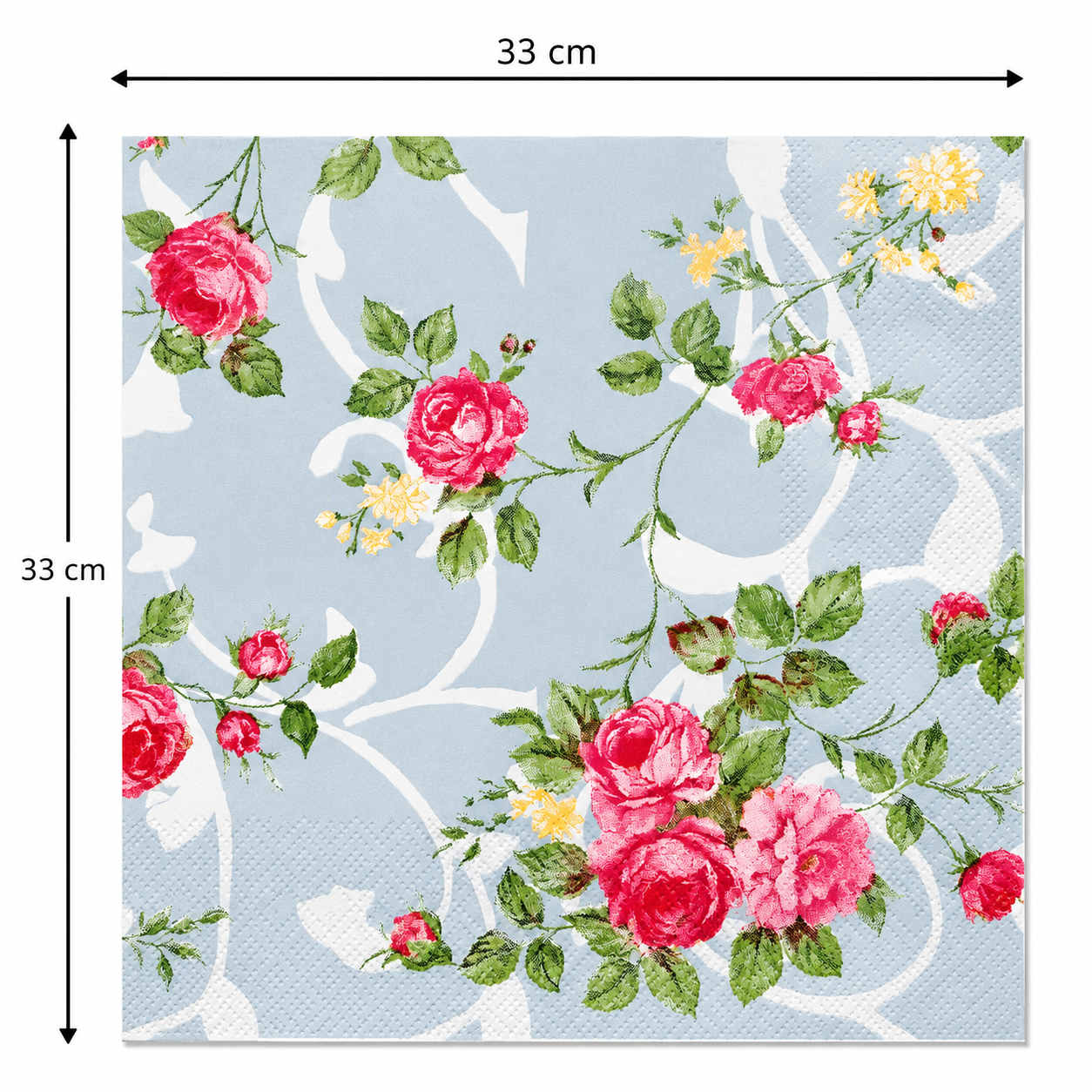Single vintage blue rose trellis napkin unfolded flat on a plain background showing 33cm x 33cm size measurements