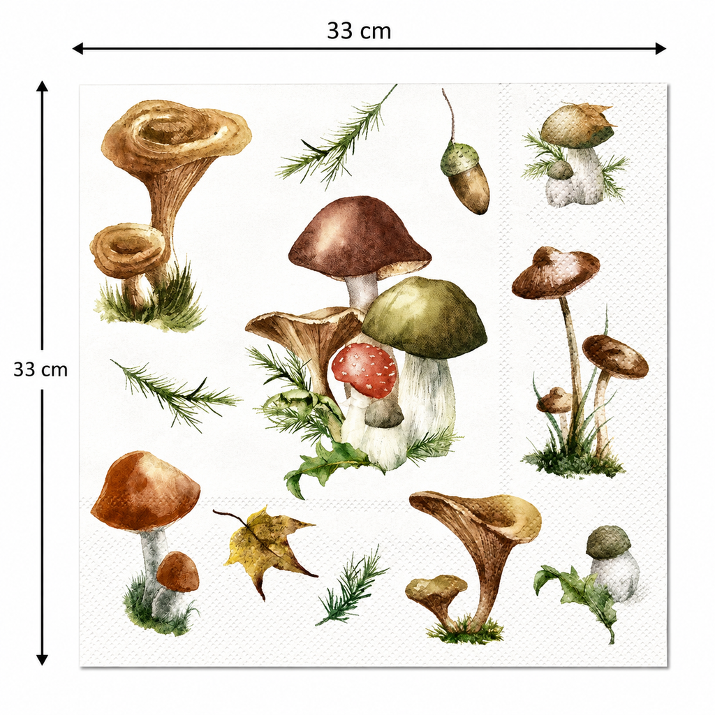 Single woodland mushroom napkin unfolded flat on a plain background showing 33cm x 33cm size measurements